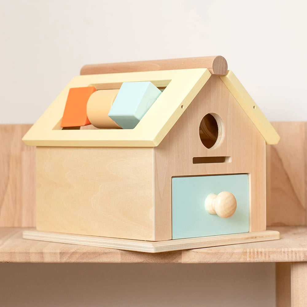 Montessori Toys Wooden Toys Object Permanence Box 5 in 1 Rainbow Spinning Drum House Preschool Ball Drop Kids Toy Shape Sorter