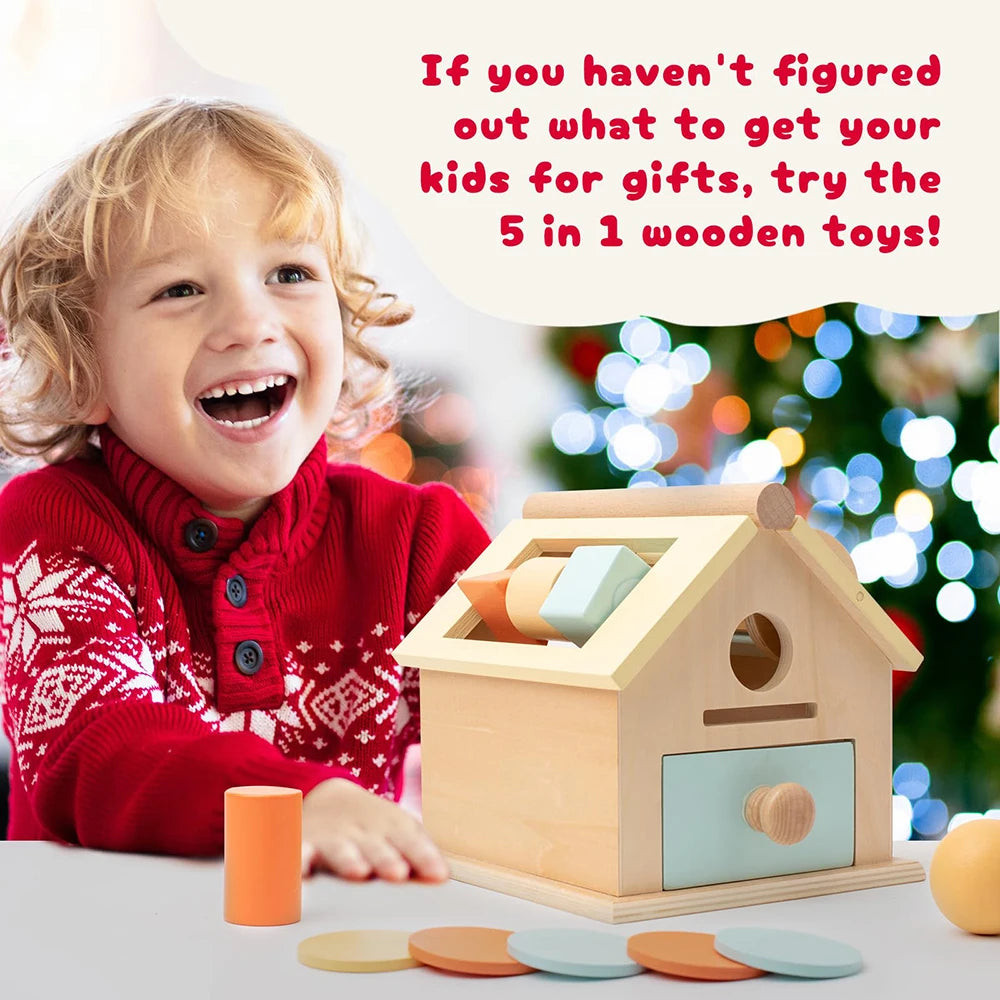 Montessori Toys Wooden Toys Object Permanence Box 5 in 1 Rainbow Spinning Drum House Preschool Ball Drop Kids Toy Shape Sorter