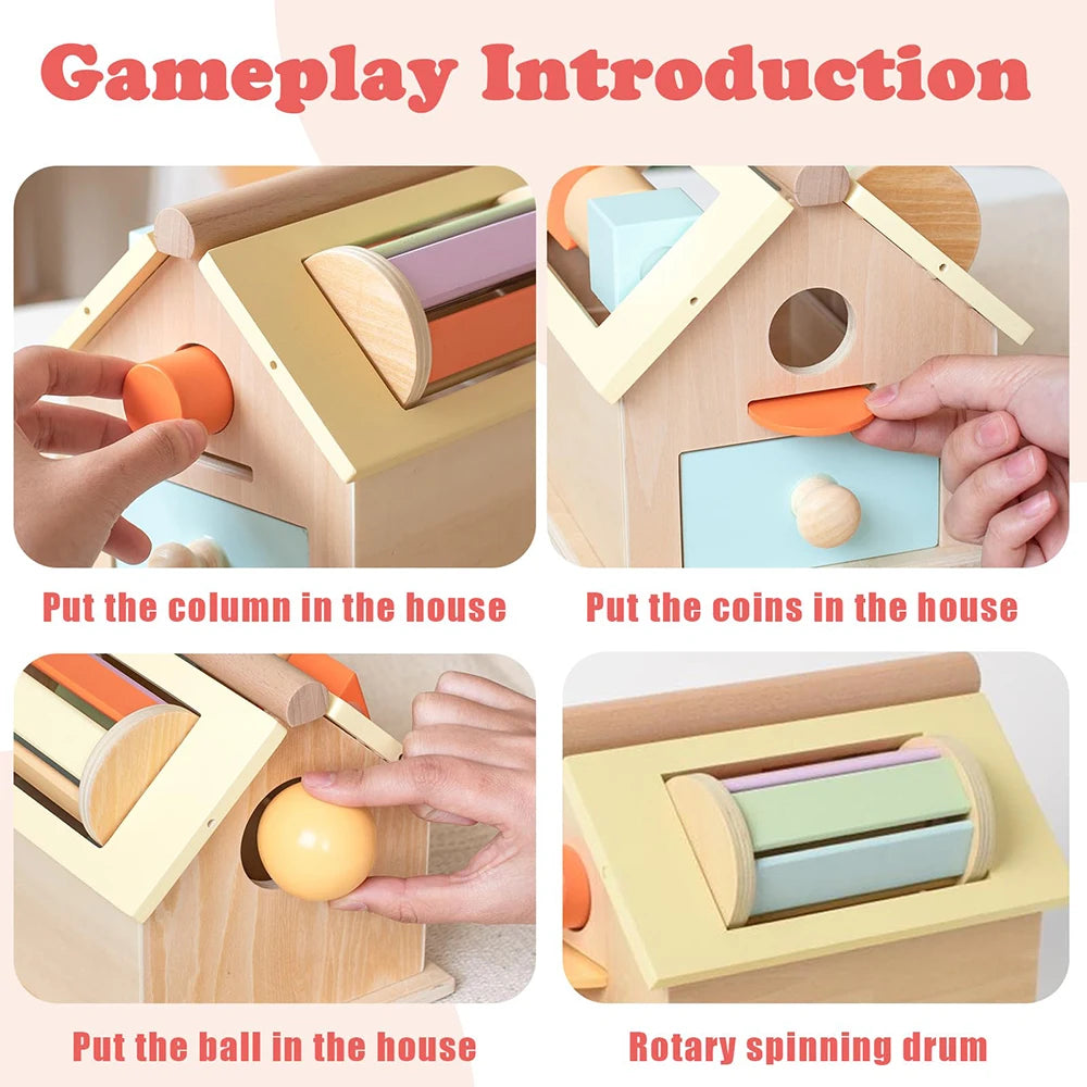 Montessori Toys Wooden Toys Object Permanence Box 5 in 1 Rainbow Spinning Drum House Preschool Ball Drop Kids Toy Shape Sorter