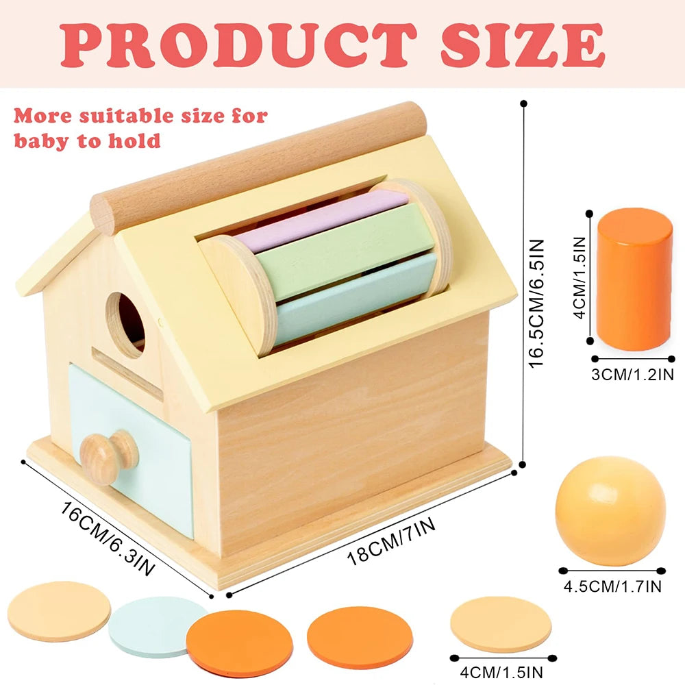 Montessori Toys Wooden Toys Object Permanence Box 5 in 1 Rainbow Spinning Drum House Preschool Ball Drop Kids Toy Shape Sorter