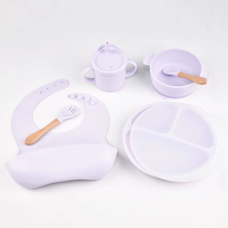6Pcs BPA Free Silicone Feeding Set Sucker Bowl Dishes Plate Straw Cup Spoon Forks Baby Bib for Children'S Tableware Easy Clean