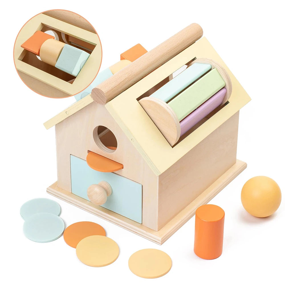 Montessori Toys Wooden Toys Object Permanence Box 5 in 1 Rainbow Spinning Drum House Preschool Ball Drop Kids Toy Shape Sorter
