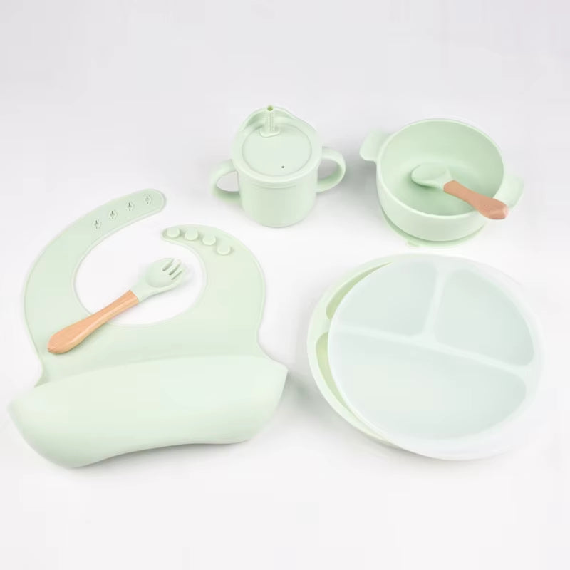 6Pcs BPA Free Silicone Feeding Set Sucker Bowl Dishes Plate Straw Cup Spoon Forks Baby Bib for Children'S Tableware Easy Clean