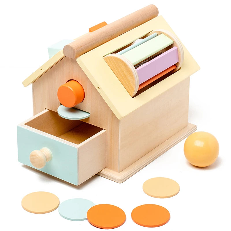 Montessori Toys Wooden Toys Object Permanence Box 5 in 1 Rainbow Spinning Drum House Preschool Ball Drop Kids Toy Shape Sorter