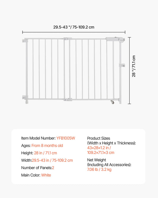 Baby Gate 29.5-43 Inches Adjustable Width 28 Inches High Dog Gate No Threshold Bar Easy Step Walk for Child Pet Security