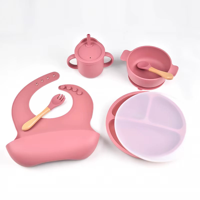 6Pcs BPA Free Silicone Feeding Set Sucker Bowl Dishes Plate Straw Cup Spoon Forks Baby Bib for Children'S Tableware Easy Clean