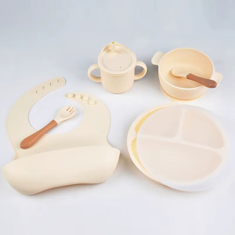 6Pcs BPA Free Silicone Feeding Set Sucker Bowl Dishes Plate Straw Cup Spoon Forks Baby Bib for Children'S Tableware Easy Clean