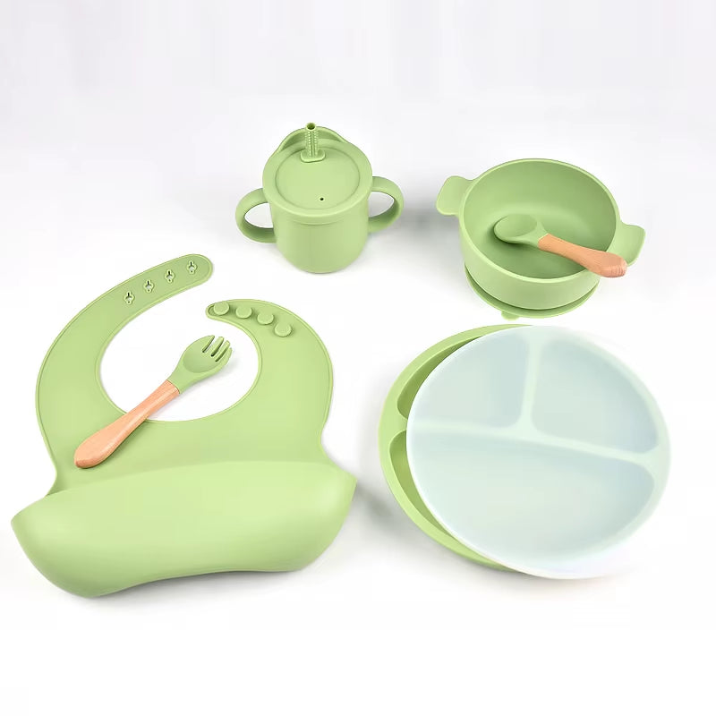 6Pcs BPA Free Silicone Feeding Set Sucker Bowl Dishes Plate Straw Cup Spoon Forks Baby Bib for Children'S Tableware Easy Clean