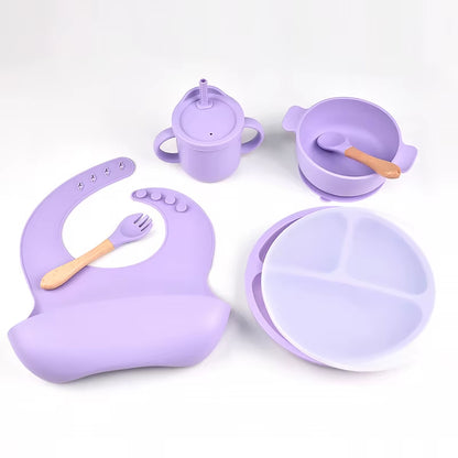 6Pcs BPA Free Silicone Feeding Set Sucker Bowl Dishes Plate Straw Cup Spoon Forks Baby Bib for Children'S Tableware Easy Clean