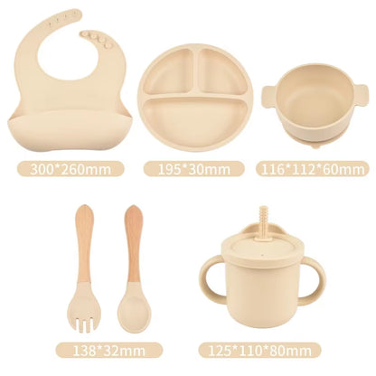 6Pcs BPA Free Silicone Feeding Set Sucker Bowl Dishes Plate Straw Cup Spoon Forks Baby Bib for Children'S Tableware Easy Clean