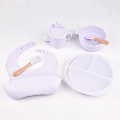 6Pcs BPA Free Silicone Feeding Set Sucker Bowl Dishes Plate Straw Cup Spoon Forks Baby Bib for Children'S Tableware Easy Clean