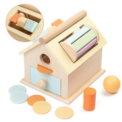 Montessori Toys Wooden Toys Object Permanence Box 5 in 1 Rainbow Spinning Drum House Preschool Ball Drop Kids Toy Shape Sorter