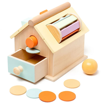 Montessori Toys Wooden Toys Object Permanence Box 5 in 1 Rainbow Spinning Drum House Preschool Ball Drop Kids Toy Shape Sorter